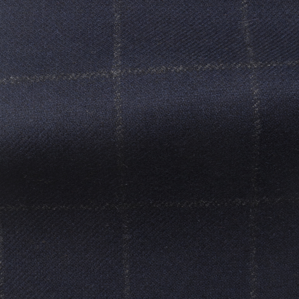 Blue wool fabric with a mid brown check