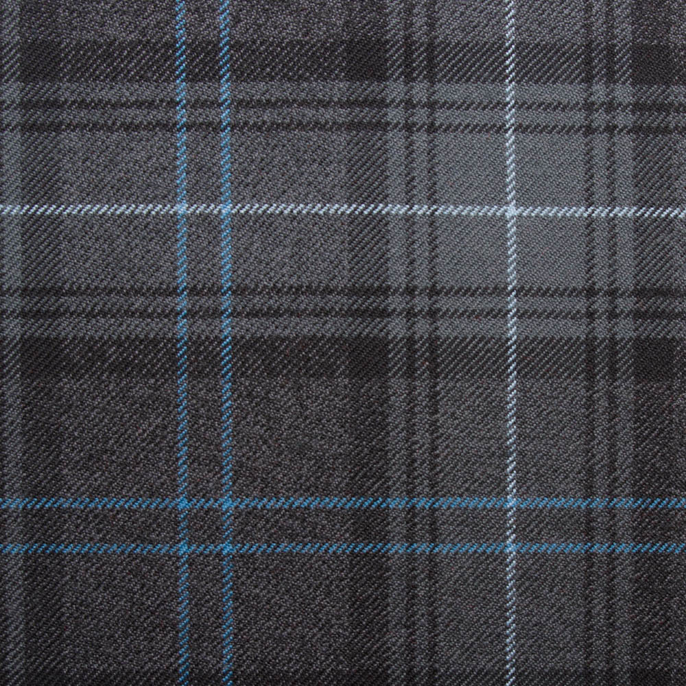 Cuillin Granite in Grey with a blue overcheck, an exceptional check fabric woven in Scotland, Use for upholstery, curtains and furnishings.